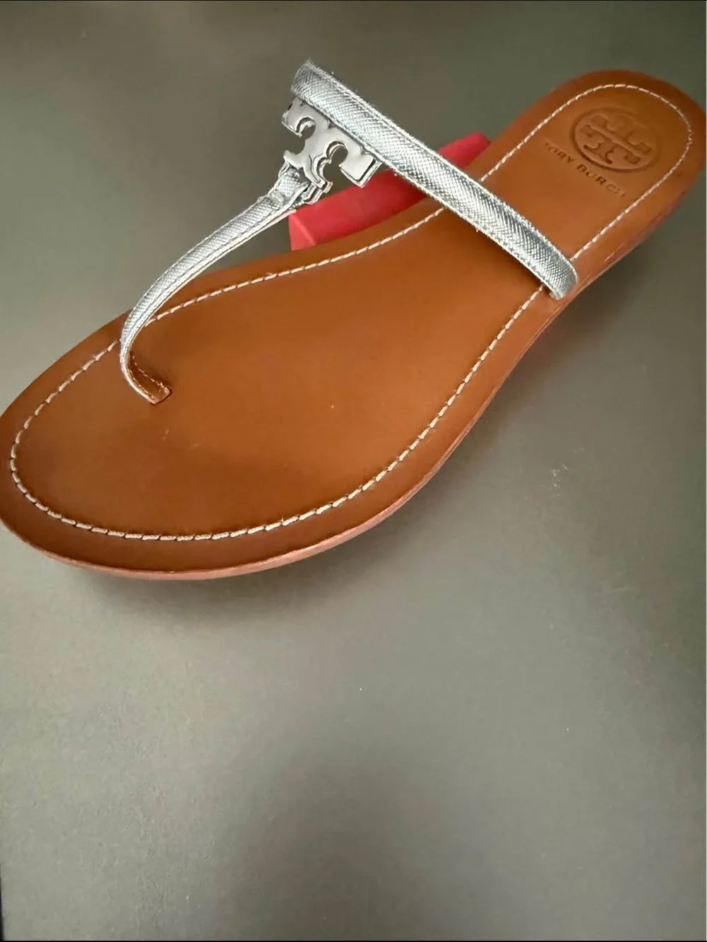Tory Burch Metallic Silver Miller T-Strap Sandals with Tan Footbed